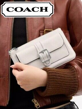 COACH Large Buckle Front Glazed Leather Wristlet In White W/Silver Hardware, NEW